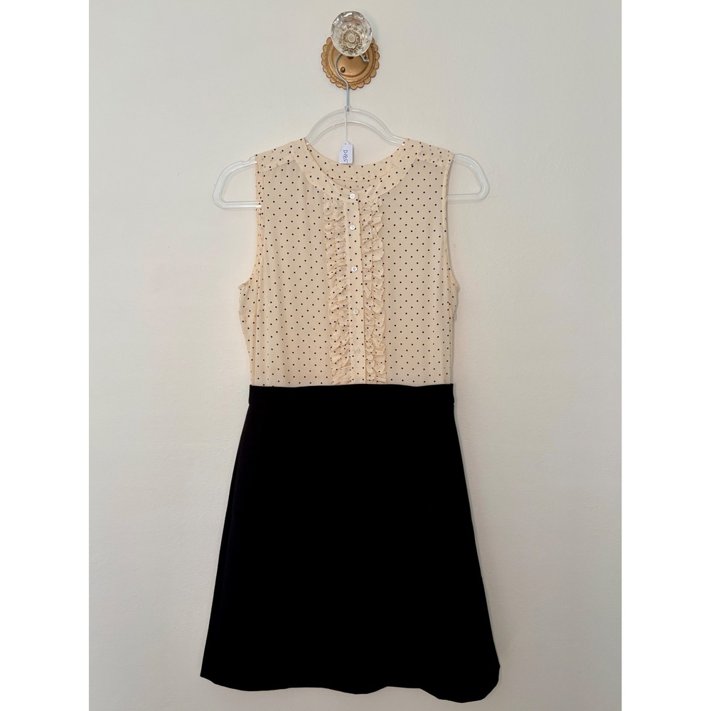 J.Crew Polka Dot Ruffle Silk Blend Sleeveless Dress Cream Black Size 2
